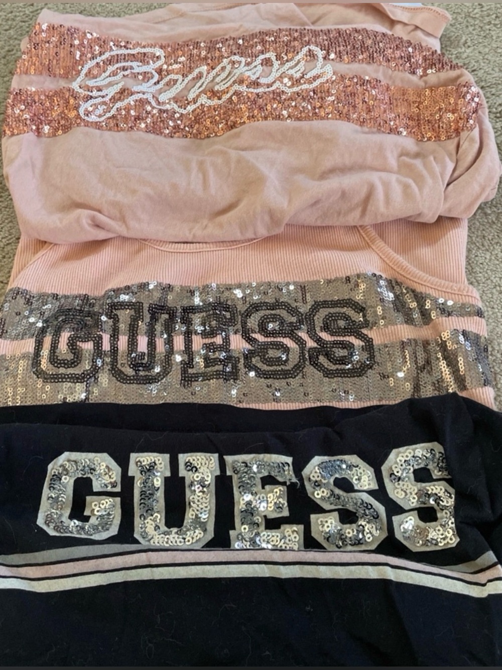 Guess Sequin Logo Tank Tops in Pink, Black, Silver